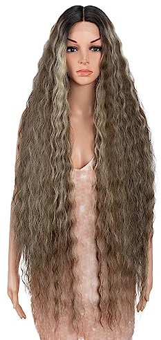 Style Icon Super lange Lace Front Perücke Braun 104 cm lange lockige Perücke Perücke für Damen Super lange gewellte synthetische Spitzenperücke T Part Lace Perücke Hitzebeständige Faser 150% Dichte