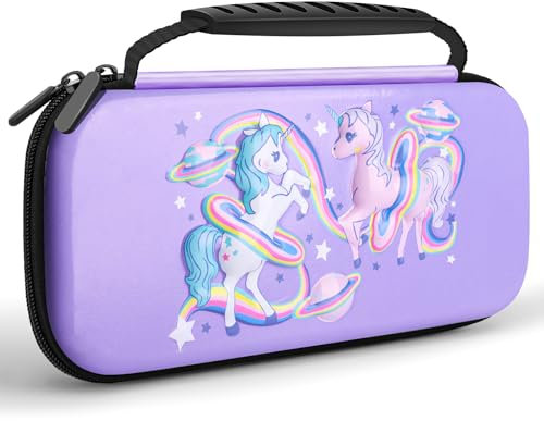 JYPS Einhorn Tasche für Nintendo Switch/OLED, Harte Tragetasche Hülle Case mit Griff, Switch Reisetasche Mädchen, Schutzhülle mit Aufbewahrung für 10 piele, Konsole & Zubehör(Lila)