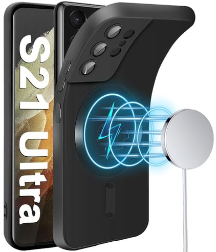 Handyhülle für Samsung Galaxy S21 Ultra Hülle [Kameraschutz Eingebaut] [Magnetische] [für Mag-Safe] Silikon Weiche Metall Matte Textur S21 Ultra Tasche Case Schutzhülle für Samsung S21 Ultra (Schwarz)