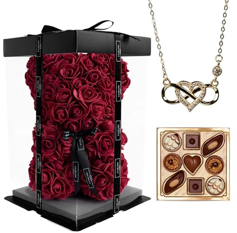 Infinity Flowerbox - Rosen Bär Geschenkset mit Infinity Kette & Pralinen im Set - 300 handbeklebte Rosen mit Duft - Geschenk für Frauen, zum Geburtstag oder Jahrestag (Gold, Romantic Red)