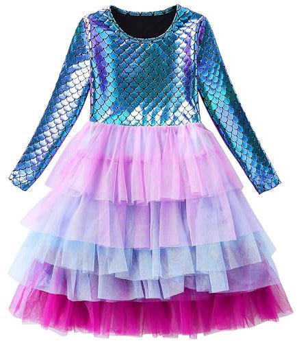 FILOWA Vestito per Ragazza Bambina Tulle Paillettes Manica Lunga Abito Sirena Principessa Vestiti Elegante Viola Verde Sirenetta Carnevale Costume Festa Compleanno Primavera Autunno Regazze 3-4 Anni