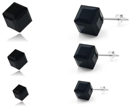 Hmzidz 3 Paare Sterling Silber 925 Ohrstecker für Damen Herren,Piercing Ohrringe mit Schwarz Stein,Würfel Kristall Ohrringe für Mädchen,Schöne Schwarze Kristall Jewellery,Ohrstecker Set
