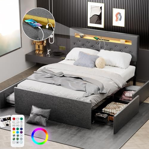 Oyajia Polsterbett Doppelbett 140x200 mit LED-Kopfteil und USB-Port, Stauraumbett mit 4 Stauraum Schubladen, Bett Bettgestell mit Lattenrost und bettkasten, Leinen, Grau