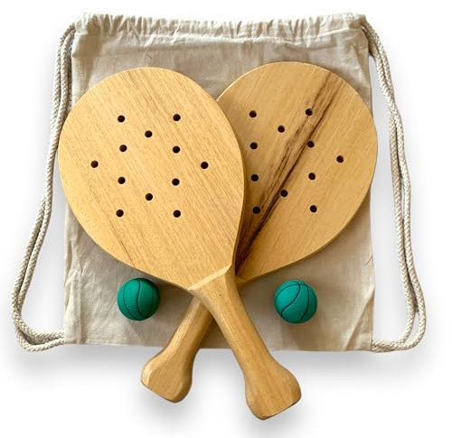 Set de Palas de Playa duraderas Premium - Palas Profesional de Madera barnizadas y Resistentes al Agua - Hechas a Mano en España - 2 Pelotas Anti Viento - Mochila de Algodon - Tennis Beach