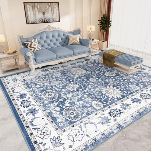 IKALIFE Tappeto Salotto Lavabile Lavatrice - Tappeto Soggiorno Vintage Tappeto Pelo Corto Tappeto Grande Tappeto Camera da Letto, Morbido Antiscivolo per Sala, Pranzo 120x170 cm Blu