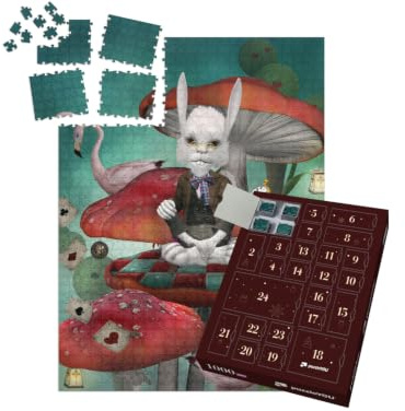 puzzleYOU: Puzzle-Adventskalender | „Illustration, inspiriert von Alice im Wunderland: Hase mit Uhr“ – aus der Puzzle-Kollektion Fabel