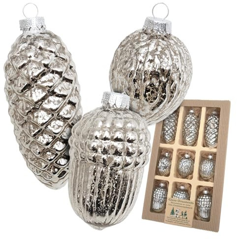 Krebs Glas Lauscha - Weihnachtsdekoration/Christbaumschmuck aus Glas - Antic Mercury Sortiment Zapfen/Eichel/Nuss - Menge: 9 Stück - Farbe: Silber - Größe: ca. 6-10 cm