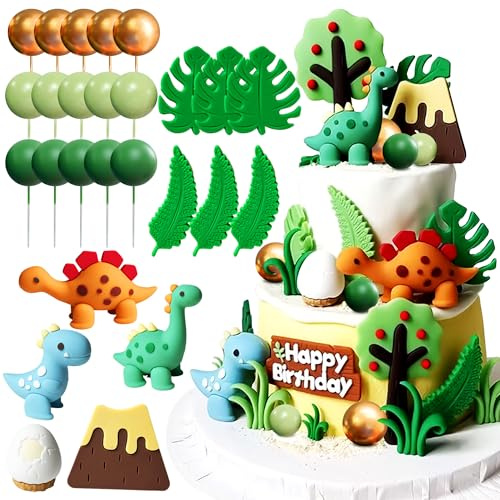 JeVenis Luxury Little Dinosaur Cake Decorations Dinosaur Cupcake Topper | Green Rex Three Dino Cake Toppers for Birthday Party Supplies