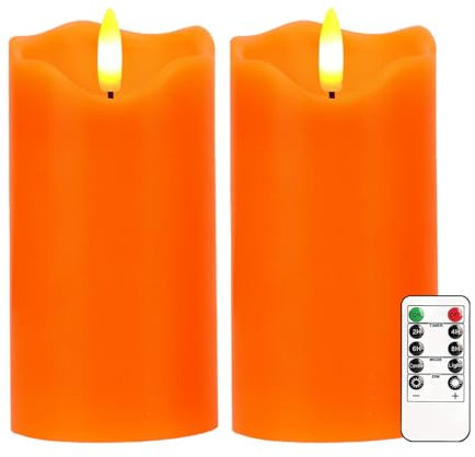 VEEKI Flameless Candles Light, Set of 2 6x3 Flickering Fall LED Candles with Remote & Timer, Dimmable Pillar Candles Battery Operated, Orange Candles for Fall Halloween Thanksgiving Decor (Orange)