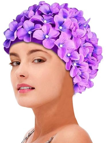 Gorros de natación para mujer Natación,Gorro de natación de flores vintage Gorro de natación de pétalos florales - Gorros de baño retro para cabello largo/corto, gorro de natación para vacaciones en l