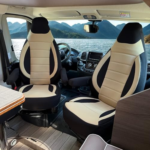 Auto Interieur Meester Sitzbezüge passend Kompatibel FIAT Ducato Wohnmobil 2-teiliges Set für Fahrer & Beifahrer mit Armlehnenbezügen,kompatibel mit Pössl, Knaus, Adria, Carthago u.a Schwarz - Beige