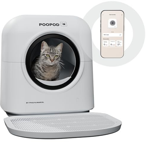 Litière Chat Autonettoyante – Poopod by Philip & Marcel – Bac à Litière Automatique avec APP iOS/Android – Technologie UV sans Odeur – Capteur de Sécurité – Tapis, Brosse, Désodorisant & Sacs Inclus