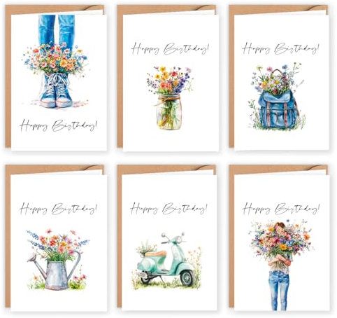 12er Geburtstagskarten Set mit Umschlägen in Kraftpapier Optik Glückwunschkarten Geburtstagskarten Klappkarten mit Umschlag Aquarell Zarte Wildblumen Happy Birthday für Erwachsene Mann Frau