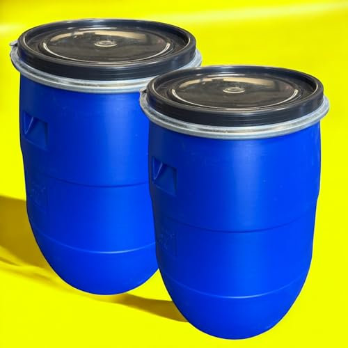 Lot de 2 x FUT Plastique 60 litres avec Couvercle Amovible – Couvercle et cerclage - FUT à Ouverture Totale pour Stockage de Liquides et Solides – Résistant, Pratique et Polyvalent