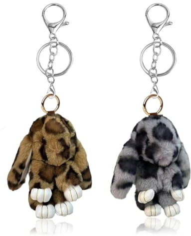 2PCS Adorable Porte-clés Lapin en Pluh,Clés En Fausse Fourrure Porte Clés Mignon En Peluche Lapin Porte,Décoration de Pompon en Peluche (Brun et gris)