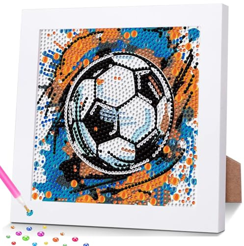 GOUGOUFAFA Fußball Diamond Painting Kinder mit Rahmen, Geschenkbox 18x18cm | Fußball Diamond Painting Kinder für Kinder ab 8 9 10 11 12 Jahre Mädchen und Junge,DIY Arts Craft für Home Wand Decor