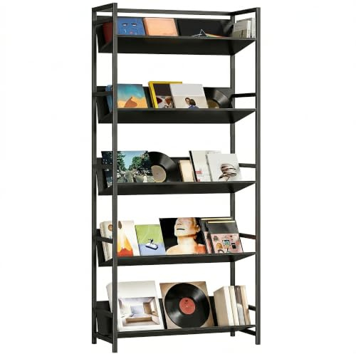 HOMCOM Bookshelf with Anti-Slip Design 5-Tier Storage Shelves, Black | Bookcase, Metal Frame, Living Room, Bedroom, Home Office