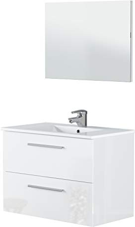 Bricozone Mobile Bagno Sospeso 80 Cm Con Lavabo In Ceramica E Specchio Bianco 2 Cassetti Chiusura Assistita Design Moderno Per Arredo Bagno Contemporaneo (Mobile Lavabo e Specchio)