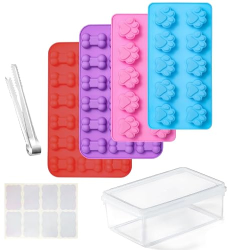 Floruvia Ensemble de 4 moules en silicone pour friandises pour chiens avec boîte et pince à glace, ensemble antiadhésif en forme de pattes et d'os pour Pupsicle, chocolat