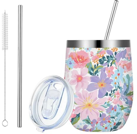 Flower Mug 12oz, Girls Travel Mug, Insulated Travel Coffee Mug with Lid and Straw, Stainless Steel Flower Cup for Ice Drinks Wine, Home Picnic, Ice Preservation, Gifts for Girls Women Flower Lovers