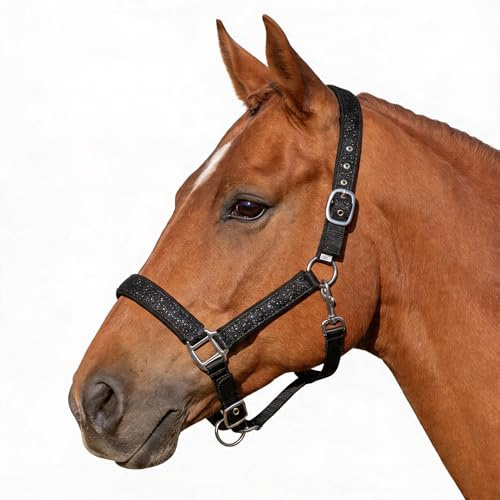 Pferdelinis Halfter für Pferde Glitzerhalfter, gepolstertes Halfter, verstellbare Dornschnallen, Halfter Pony, Cob, Warmblut, Shetty (Schwarz, Pony)
