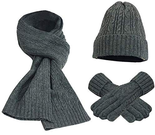 FEOYA Damen Winter Warme Gestrickt Mütze Schal Handschuhe Weich Strickset Wollmütze Geschenkset