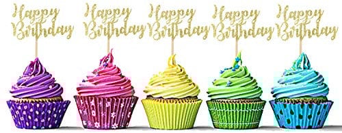 Sumerk 24PCS Happy Birthday Cupcake Toppers Gold Glitter Birthday Cake Picks Party Supplies