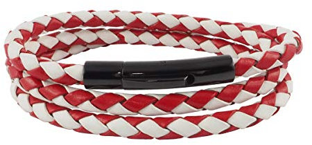 König Design Lederkette Lederband Leder-Armband 4 mm Herren Halskette Rot Weiß 40 cm lang mit Hebeldruck-Verschluss Schwarz geflochten