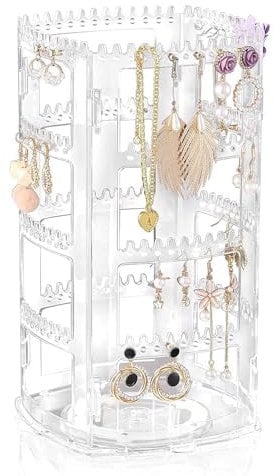 ROWNYEON Rotating Jewellery Organiser Jewellery Stand Acrylic 360°Rotating Display Earring Holder 4 Tiers Jewellery RackClassic 160 Holes and 168 Grooves for Necklaces Earrings Piercings,Clear