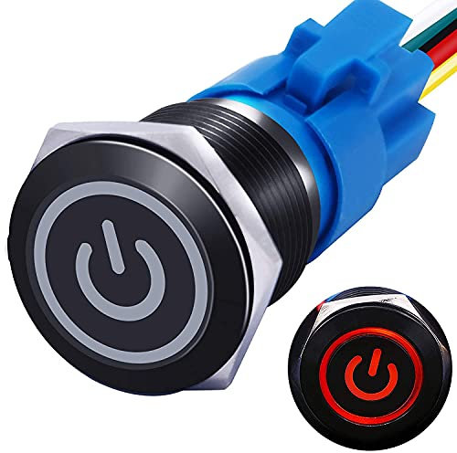 mxuteuk 19mm interruttore a pulsante 1 NO 1 NC SPDT ON/OFF guscio in metallo nero, con luce rossa del simbolo di alimentazione 12v, presa con filo