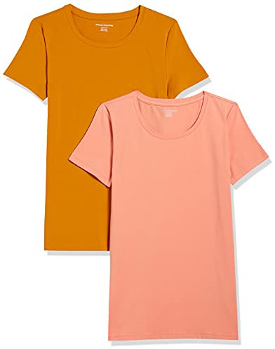 Amazon Essentials Maglietta Girocollo a Maniche Corte vestibilità Regolare Donna, Pacco da 2, Arancio Corallo/Giallo Drato, S