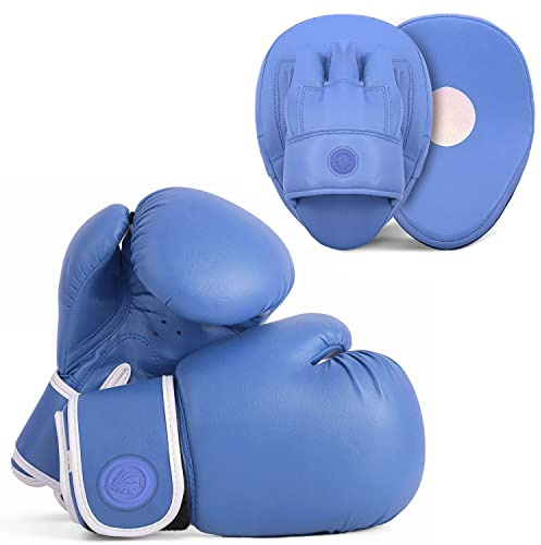Lions Amateur Fitness Boxing Set Hook & Jab Pads Focus Punch Bag Gloves Target Strike Mitts (Classic Blue, 12oz)