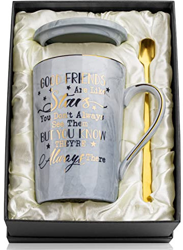 Doublewhale Friend Gifts for Women Men, Coffee Gifts for Men Women, 14OZ Ceramic Coffee Cup, Friendship Gifts for Him Her, Good Friends are Like Stars, Best Friend Birthday Gifts with Gift Box
