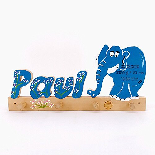 Kindergarderobe - Kleiderhaken Kinder - Holz mit Name (Elefant)