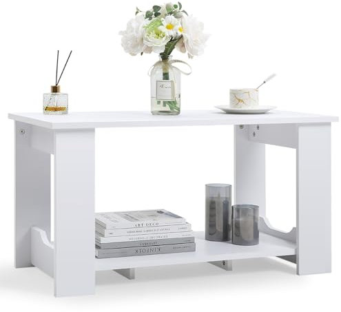 INMOZATA 2 Tier Wood Coffee Table Rectangle with Storage Shelf Tea Table Central Table for Living room Bedroom Office (White, 80x40x42cm)