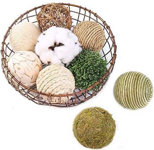 CIR OASES multi-material tri-color decorative ball 9 balls, natural rattan weaving ball, cotton ball, used for vase bowl filling, table decoration (green)