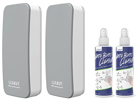 loukin Magnetischer trocken abwischbarer Whiteboard-Radierer, Glasplattenentferner, inklusive 2 x 100 ml Whiteboard-Reiniger, für Klassenzimmer, Zuhause und Büro (grau), 2 Stück
