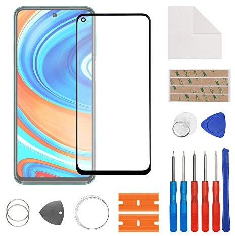 SwarKing Pantalla de cristal frontal de cristal exterior de repuesto compatible con Redmi Note 9 con kit de reparación