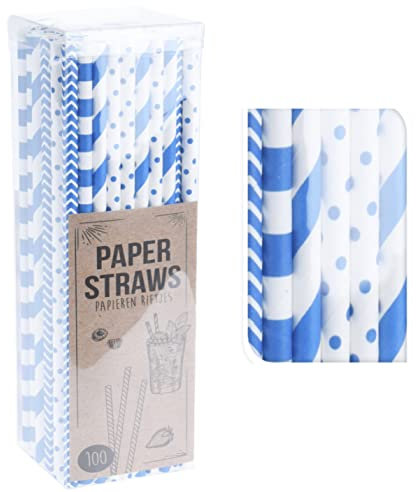 Papierstrohhalme 100 Stück, gemustert, Länge 20cm, 100% biologisch abbaubar, ECO Friendly, Strohhalme (Blau)
