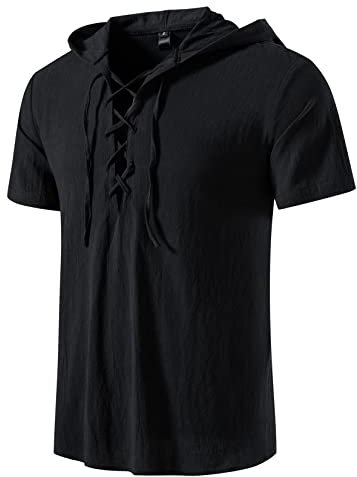 LucMatton Herrenhemden aus Baumwolle, traditioneller Retro-Stil, zum Schnüren, kurzärmelig, für Mittelalter, Wikinger, Hippie-Matching, Schwarz A, L