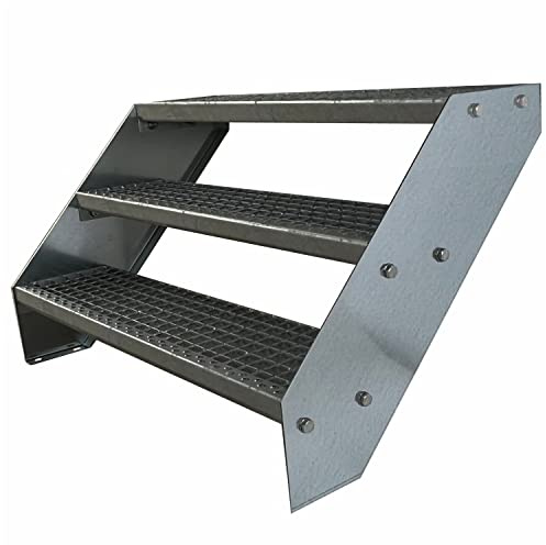Kaminbau Mierzwa Premium Stahl Treppe Verzinkt 3 Stufen (Breite 140 cm) (Höhe 57 cm) Wetterfest Gitterroststufe Gartentreppe