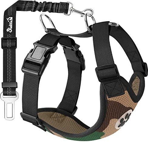 SlowTon Hundegeschirr mit Sicherheitsgurt für Auto, Doppellagiges atmungsaktives Latex-Netzgewebe Welpengeschirr, reguläres Sicherheitsgeschirr Hund für alle alltäglichen Sportarten(Camouflage, S)