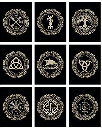 SUPERDANT 9 stücke Wikinger Poster Ungerahmt Nordische Wikinger Wanddekoration Kunst Nordische Mythologie Dekoration Wand Leinwand Kunst Nordische Pagan Kunstdrucke Poster Bilder Für Heimdekorationen