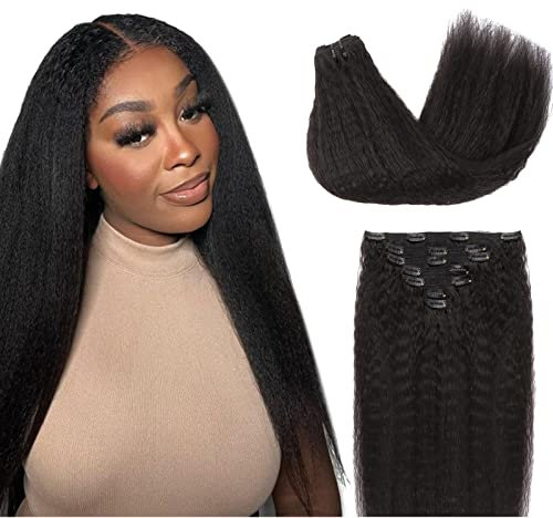 Lashey Clip in Extensions Echthaar, 50cm(20 Zoll) 7 Stück 120g Remy Menschlich Clips in Haarverlängerung, Natürliches Schwarz Kinky Gerade Echthaar Extensions Clip