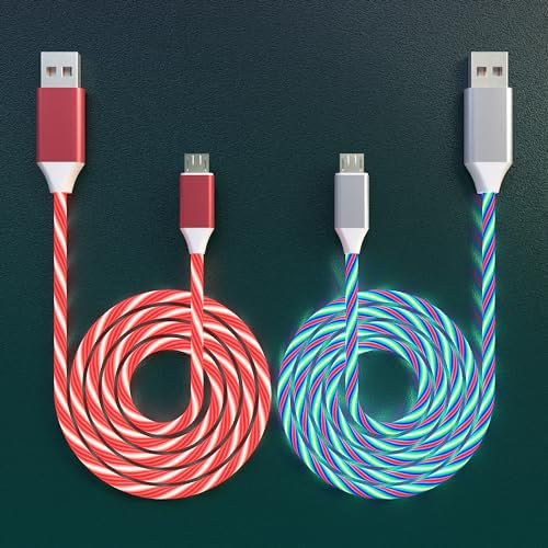 2 Packs Micro USB Cable Android Charger, 6.6FT Led Light Up Glowing USB A to Micro Fast Charging Cord for Android, Samsung Galaxy S7 S6 S5, Note 5, Kindle and Other Micro USB Devices(Red&Colorful)