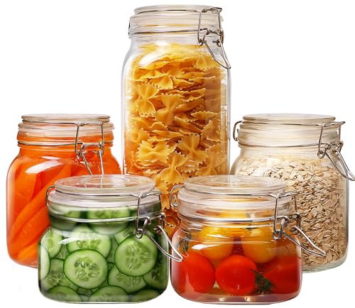 Confezione da 5 barattoli quadrati in vetro con coperchio ermetico, a bocca larga con coperchi a morsetto, contenitori in vetro ermetici, migliori contenitori per alimenti per cereali, pasta, riso,