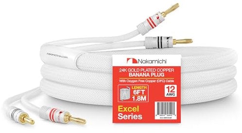Nakamichi Excel Series Fiche banane plaquée or 24 carats avec câble de haut-parleur 99.9% en cuivre sans oxygène (OFC) tressé robuste pour amplificateur Hi-Fi – Blanc (12 AWG / 6 pieds / 1.8 m)