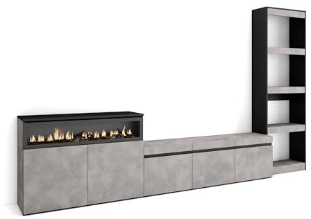 Skraut Home | Muebles de Salón para TV | Conjunto de Muebles Comedor | 310x186x35cm | para TV hasta 65 | Chimenea eléctrica | Estilo Moderno | Cemento