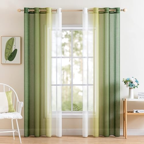 MIULEE 2er Set Voile Vorhang Zweifarbiger Vorhang mit Ösen Transparente Gardine Ösenschal Fensterschal Lichtdurchlässig für Schlafzimmer, 140x145cm, Olivergrün