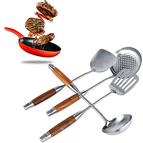 Set di Utensili da Cucina da 4 Pezzi, Set di Utensili da Cucina in Acciaio Inossidabile, Cucchiaio in Metallo, Mestolo, Spatola, Paletta E Colino, Gadget da Cucina